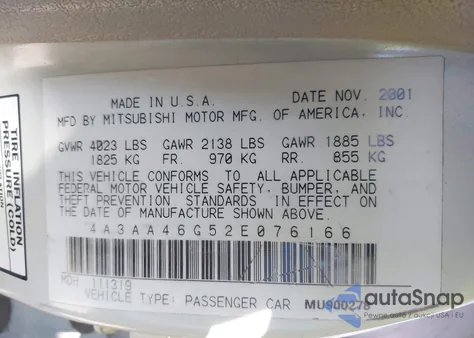 2002 Mitsubishi Galant Es/Ls z USA, uszkodzony, nr VIN 4A3AA46G52E076166